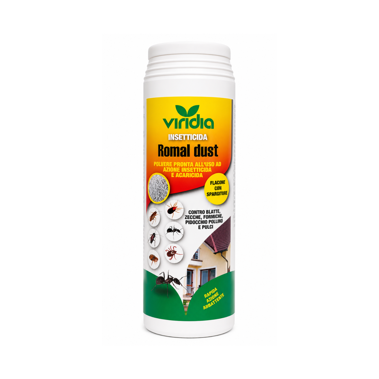 White cylindrical insecticide bottle labeled Viridia Romal Dust with a yellow gradient label and insect images on the lower portion