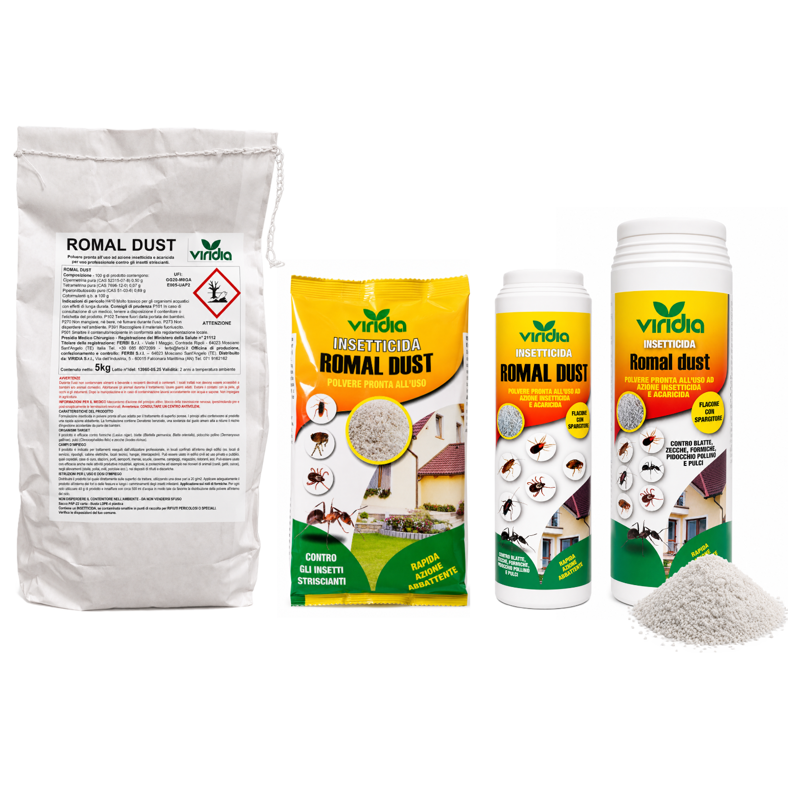 Assorted Romal Dust insecticide products: large bag, yellow packet, two white bottles, and a pile of powder on a white background.