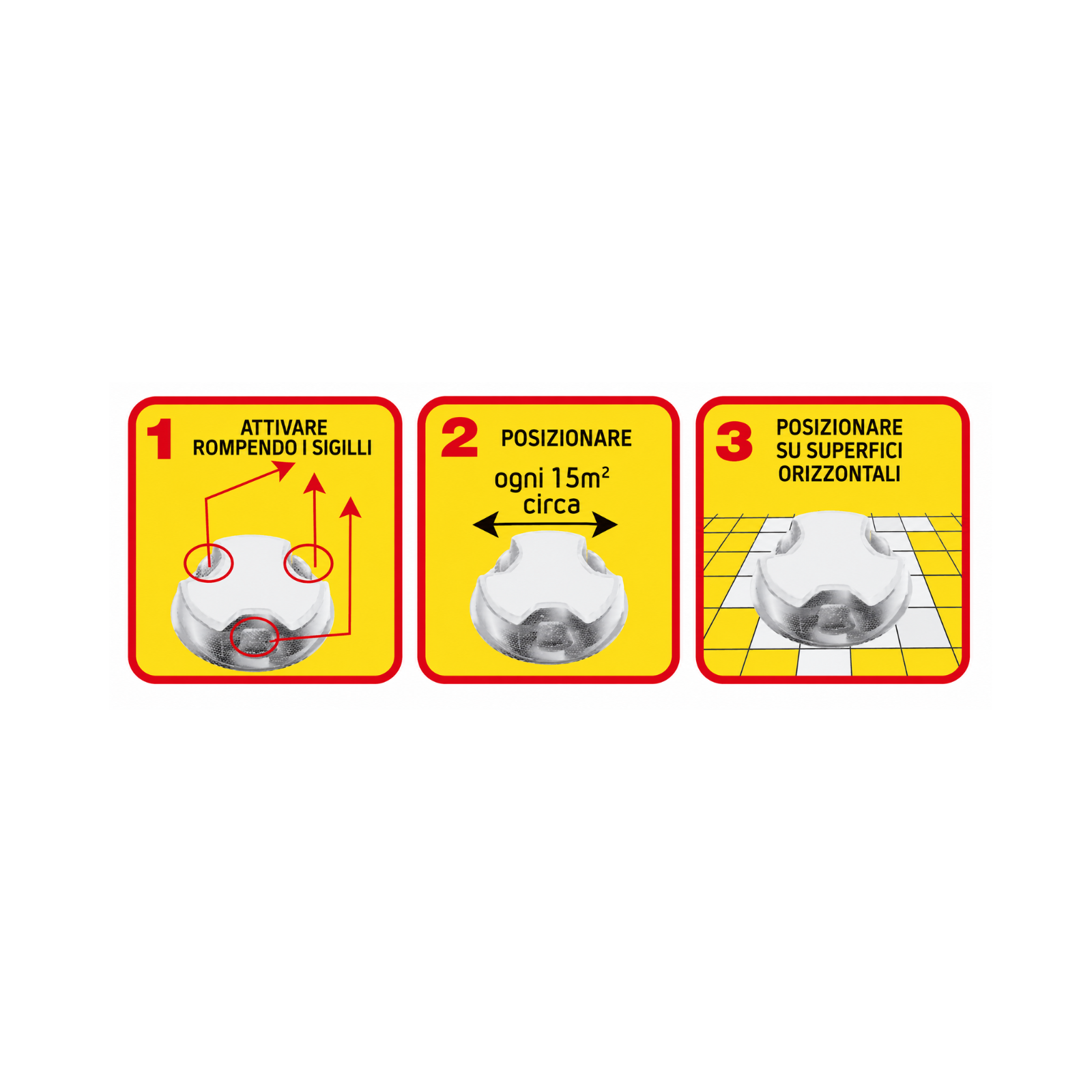 Three yellow, red-rimmed signs showing a step-by-step installation: 1) break seals around a device, 2) space roughly every 15 m², 3) place on horizontal surfaces with a grid,”