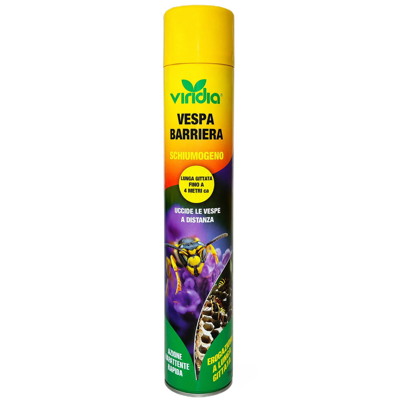 Tall yellow aerosol can with green logo, reading 'VESPA BARRIERA' and 'SCHIUMOGENO' (wasp barrier spray).